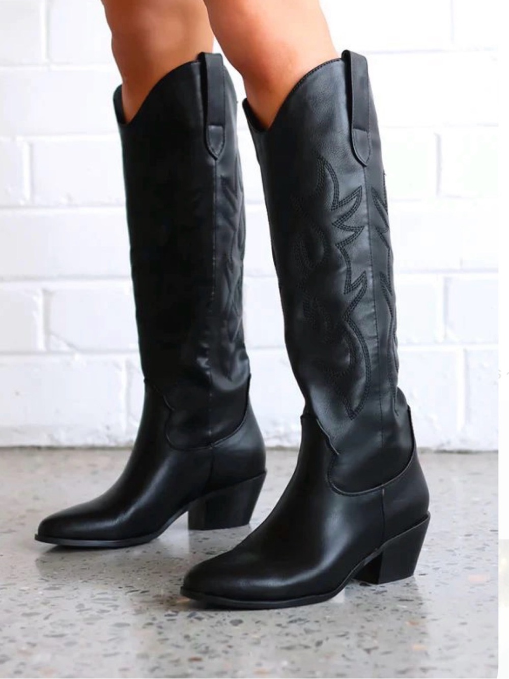 Black Faux Leather Embroidered Western Cowboy Knee High Boots Size 10 Fall Chic